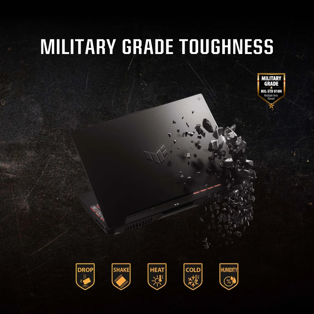 Black laptop with military grade toughness features on a dark background