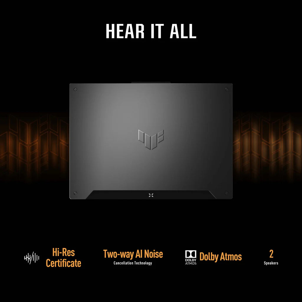 Black speaker with brand logo on a dark background, featuring text about audio technologies.