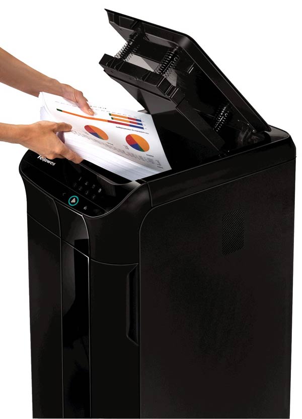 Fellowes AutoMax™ 350C Cross-Cut Paper Shredder – Black – 350-Sheet Auto Feed, 12-Sheet Manual Feed, P-4 Security Level, 68L Bin, SilentShred™, SmartLock™