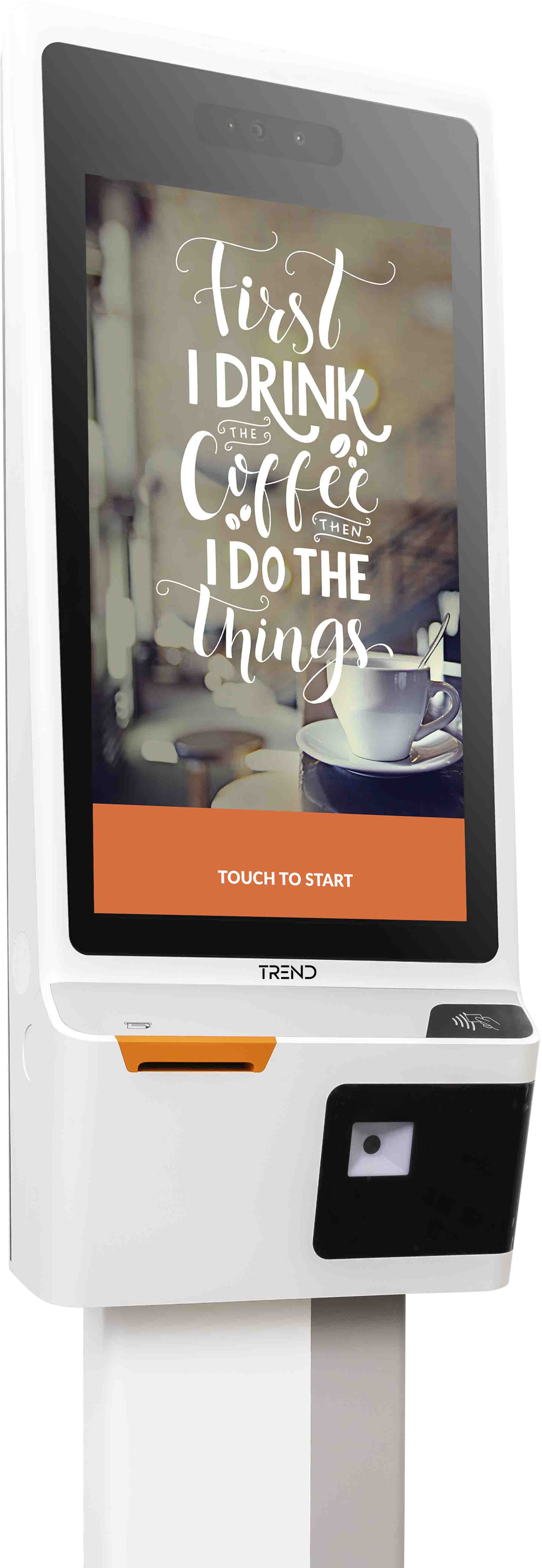 TREND Self-Service Kiosk in Solid Steel - Ideal for Restaurants, Airports, and Retail Outlets - Black Finish with Interactive Touch Screen, Face Recognition, and Multi-Payment Support