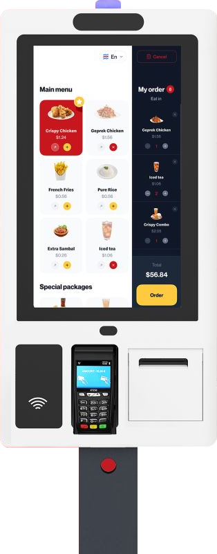 TREND Self-Service Kiosk in Solid Steel - Ideal for Restaurants, Airports, and Retail Outlets - Black Finish with Interactive Touch Screen, Face Recognition, and Multi-Payment Support