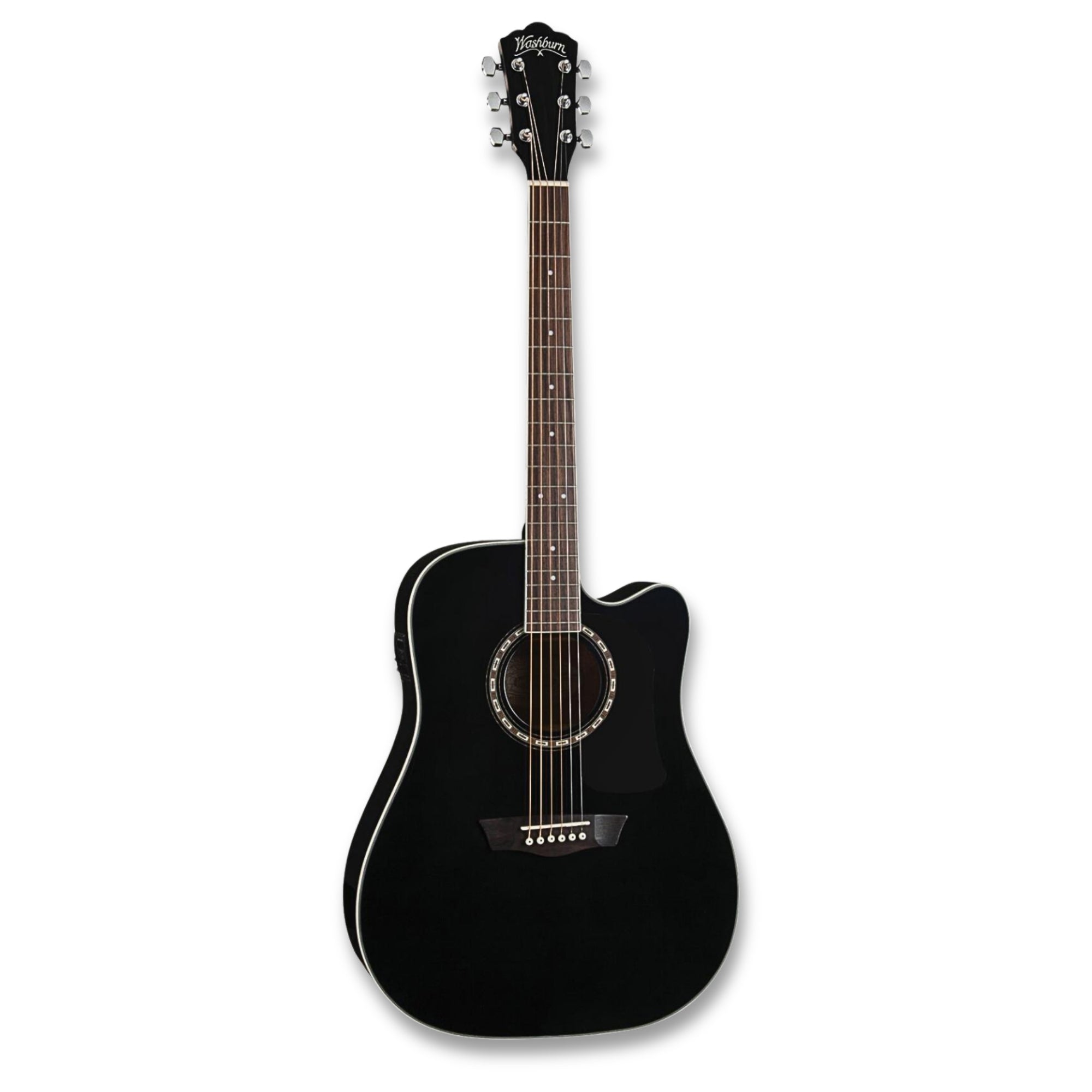 Washburn AD5CEBPACK-A-U Apprentice Series Electro-Acoustic Guitar With Gig Bag, Strap, Tuner & Picks Package – Black Gloss