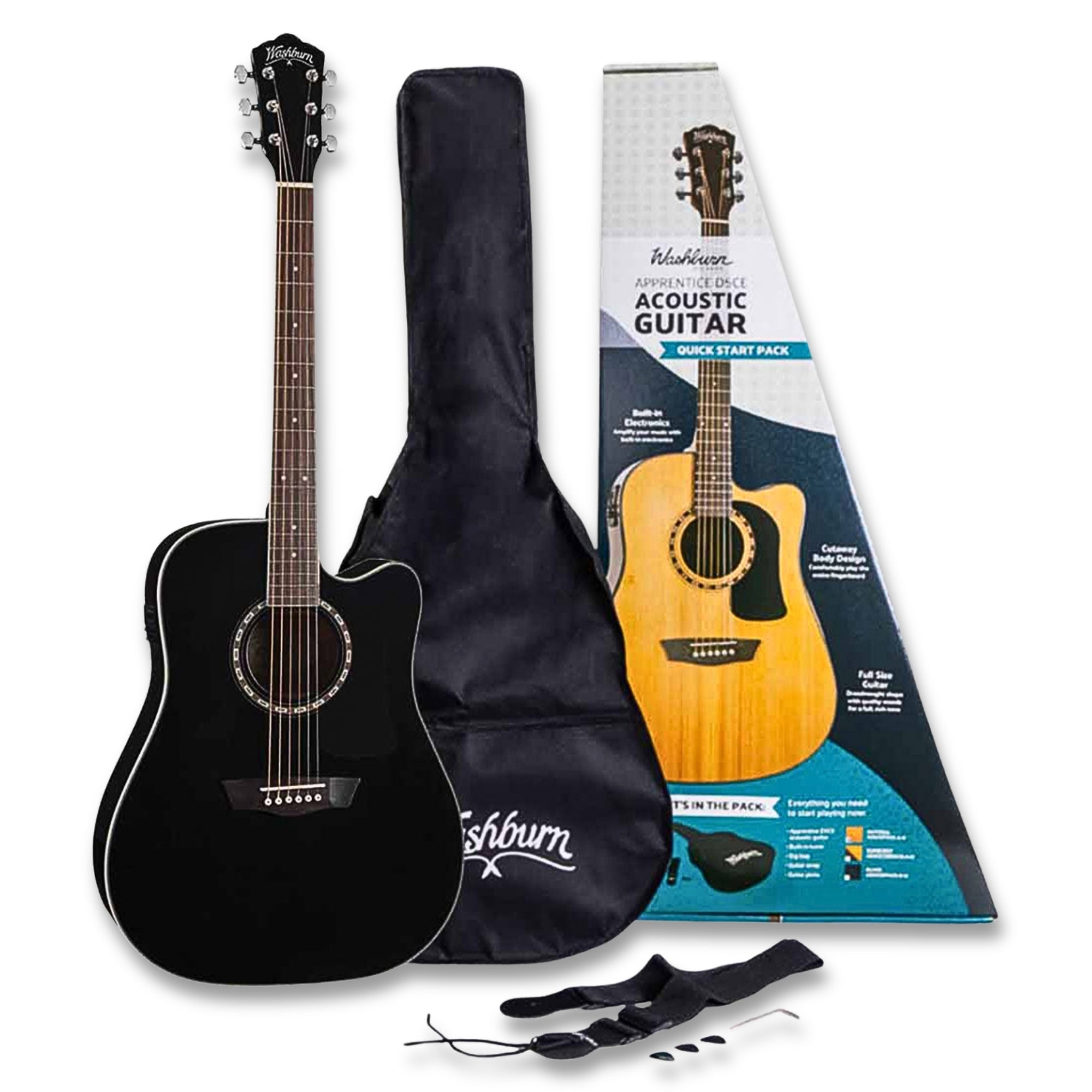 Washburn AD5CEBPACK-A-U Apprentice Series Electro-Acoustic Guitar With Gig Bag, Strap, Tuner & Picks Package – Black Gloss