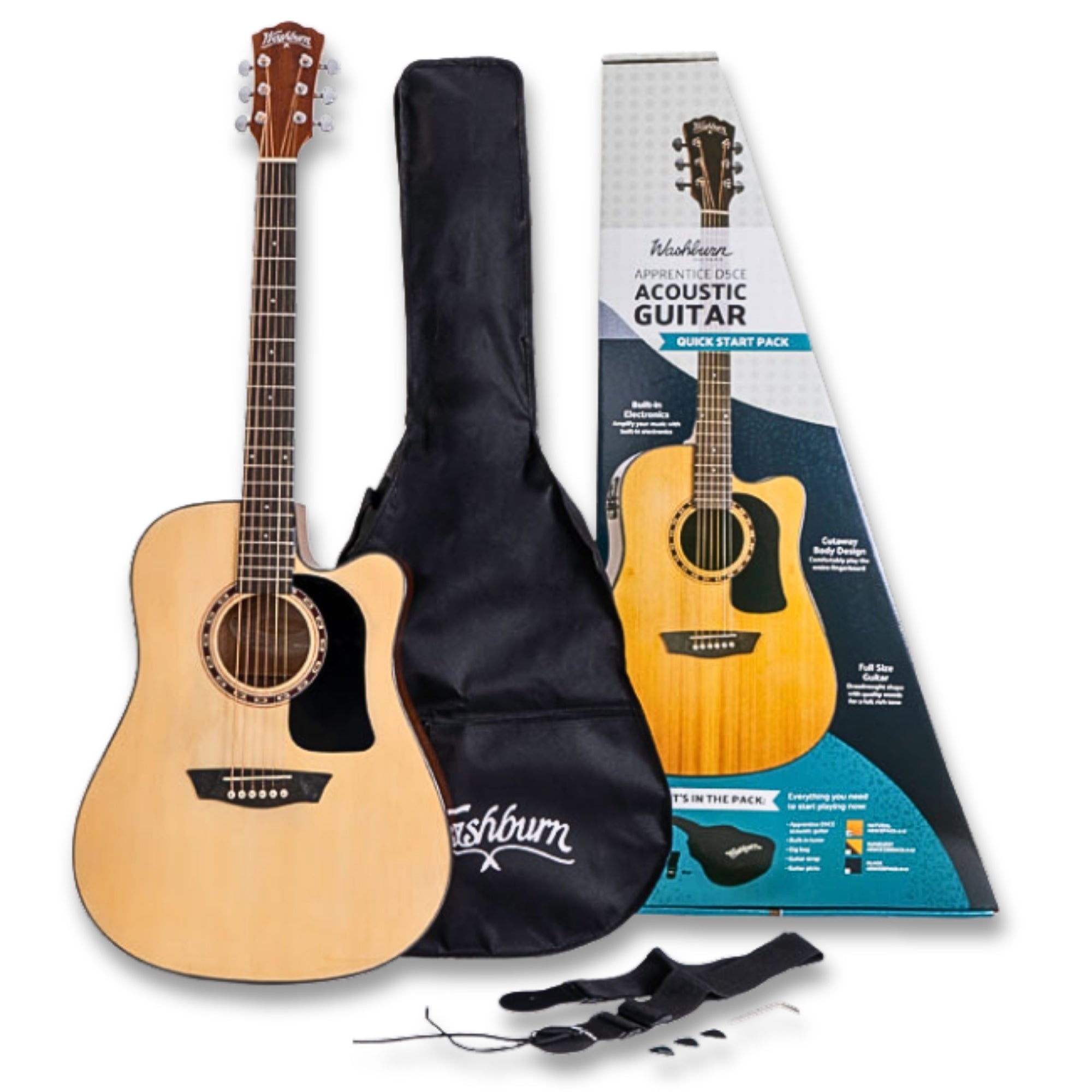 Washburn AD5CEPACK-A-U Apprentice Series Electro-Acoustic Guitar With Gig Bag, Strap, Tuner & Picks Package – Natural Gloss