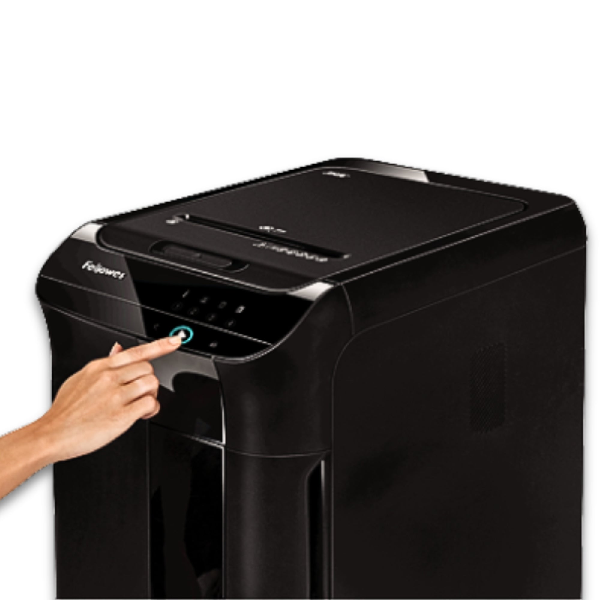 Destructeur de documents Fellowes AutoMax™ 350C Coupe croisée – Noir – Alimentation automatique de 350 feuilles, Alimentation manuelle de 12 feuilles, Niveau de sécurité P-4, Corbeille de 68 L, SilentShred™, SmartLock™