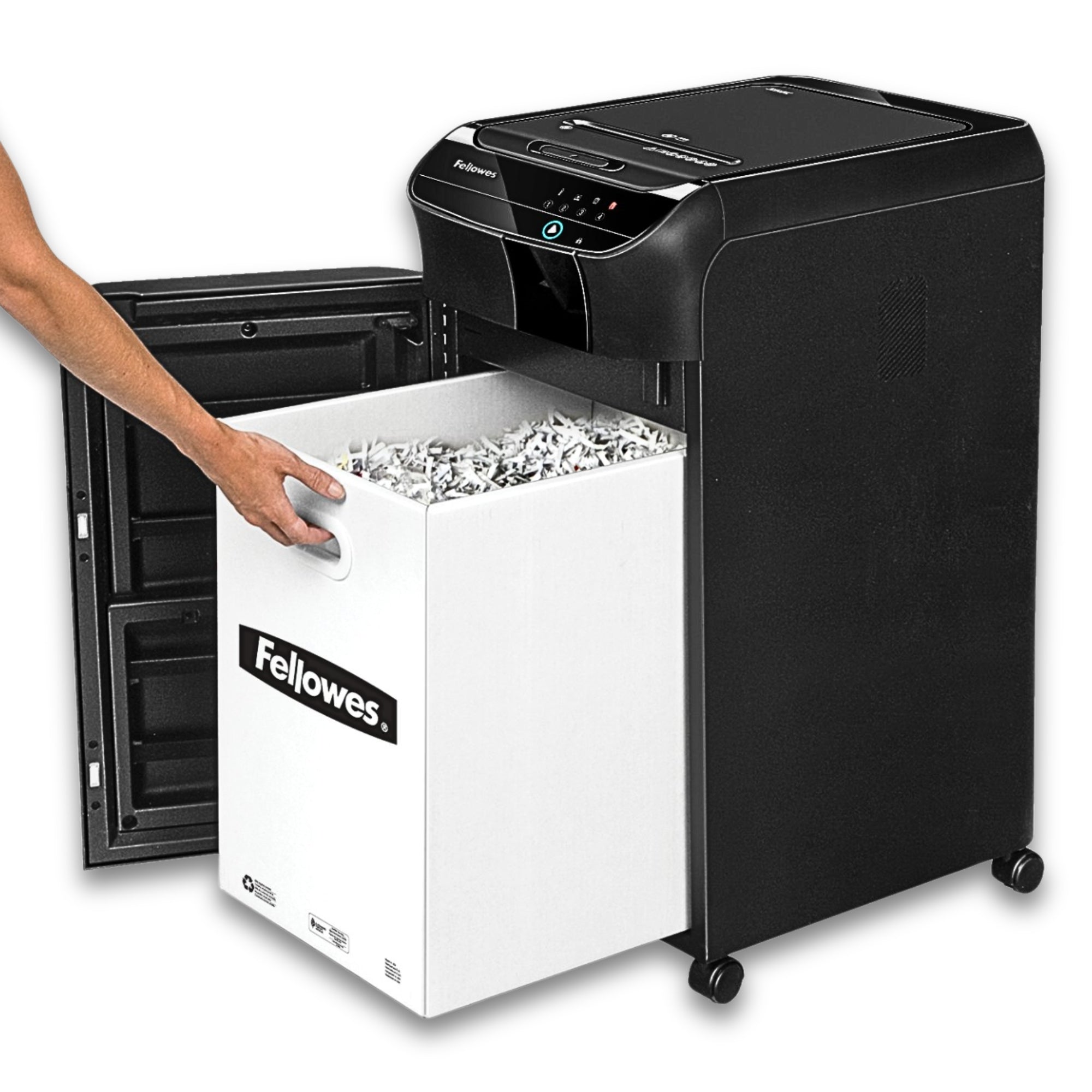 Destructeur de documents Fellowes AutoMax™ 350C Coupe croisée – Noir – Alimentation automatique de 350 feuilles, Alimentation manuelle de 12 feuilles, Niveau de sécurité P-4, Corbeille de 68 L, SilentShred™, SmartLock™