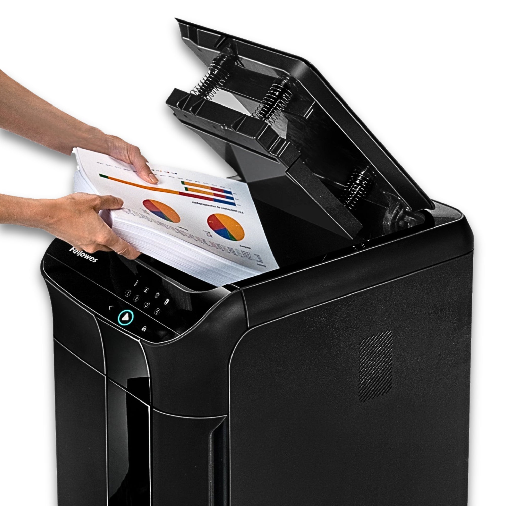 Destructeur de documents Fellowes AutoMax™ 350C Coupe croisée – Noir – Alimentation automatique de 350 feuilles, Alimentation manuelle de 12 feuilles, Niveau de sécurité P-4, Corbeille de 68 L, SilentShred™, SmartLock™