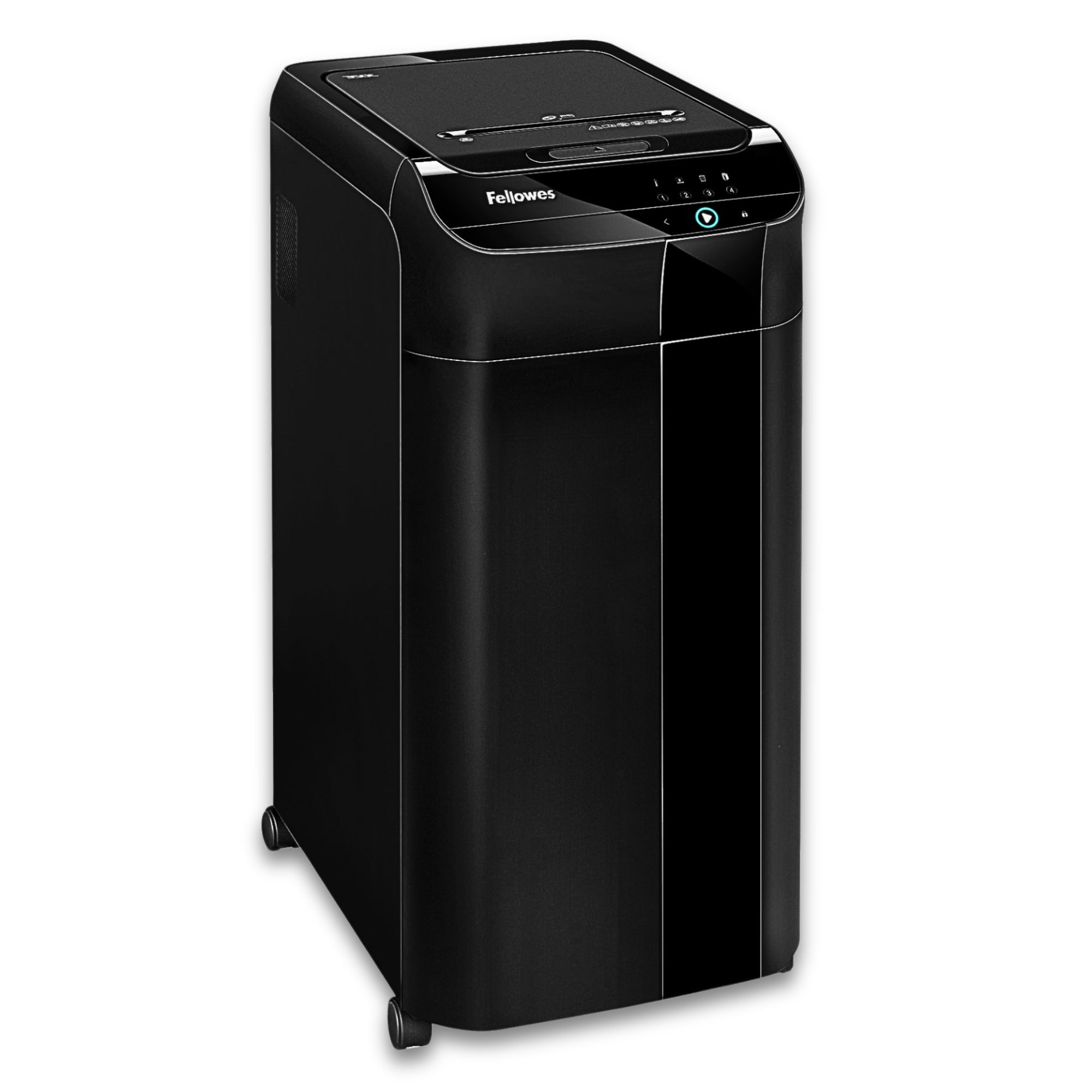 Destructeur de documents Fellowes AutoMax™ 350C Coupe croisée – Noir – Alimentation automatique de 350 feuilles, Alimentation manuelle de 12 feuilles, Niveau de sécurité P-4, Corbeille de 68 L, SilentShred™, SmartLock™