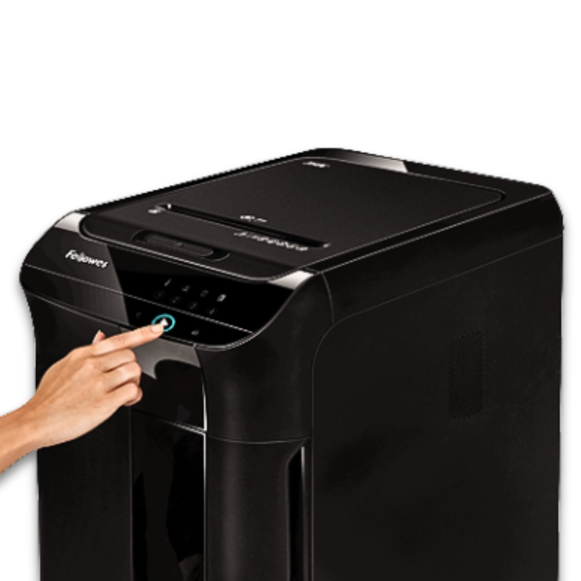 Destructeur de documents Fellowes AutoMax™ 350C Coupe croisée – Noir – Alimentation automatique de 350 feuilles, Alimentation manuelle de 12 feuilles, Niveau de sécurité P-4, Corbeille de 68 L, SilentShred™, SmartLock™