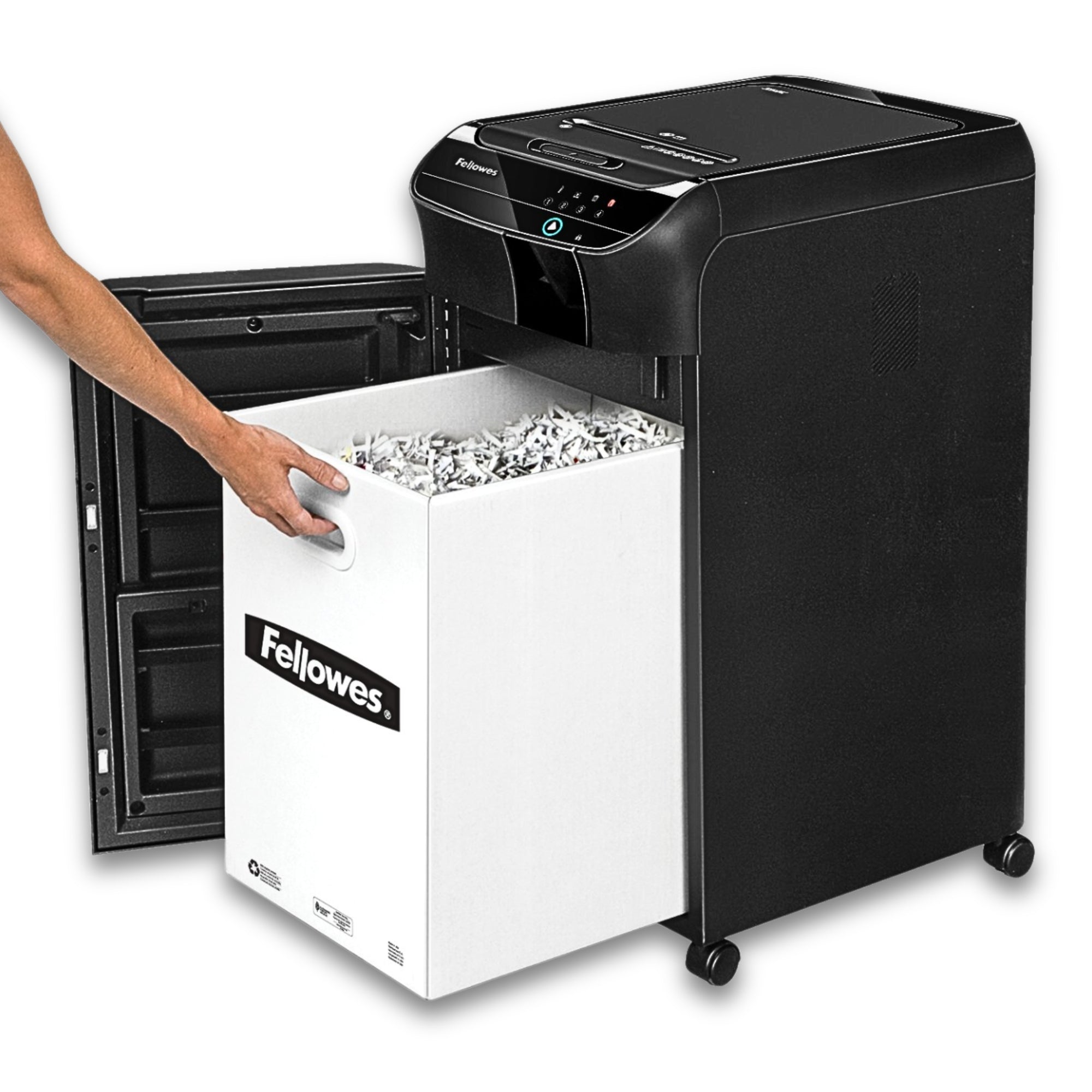 Destructeur de documents Fellowes AutoMax™ 350C Coupe croisée – Noir – Alimentation automatique de 350 feuilles, Alimentation manuelle de 12 feuilles, Niveau de sécurité P-4, Corbeille de 68 L, SilentShred™, SmartLock™