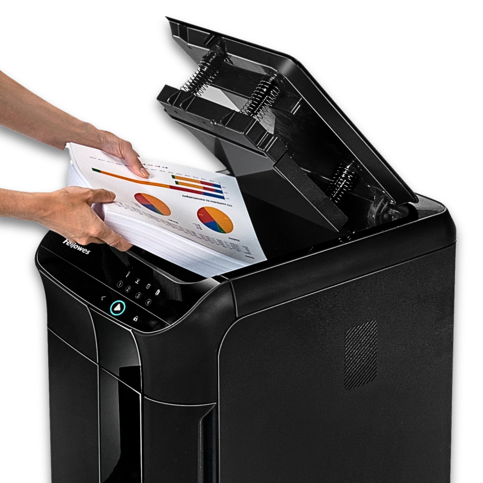 Destructeur de documents Fellowes AutoMax™ 350C Coupe croisée – Noir – Alimentation automatique de 350 feuilles, Alimentation manuelle de 12 feuilles, Niveau de sécurité P-4, Corbeille de 68 L, SilentShred™, SmartLock™