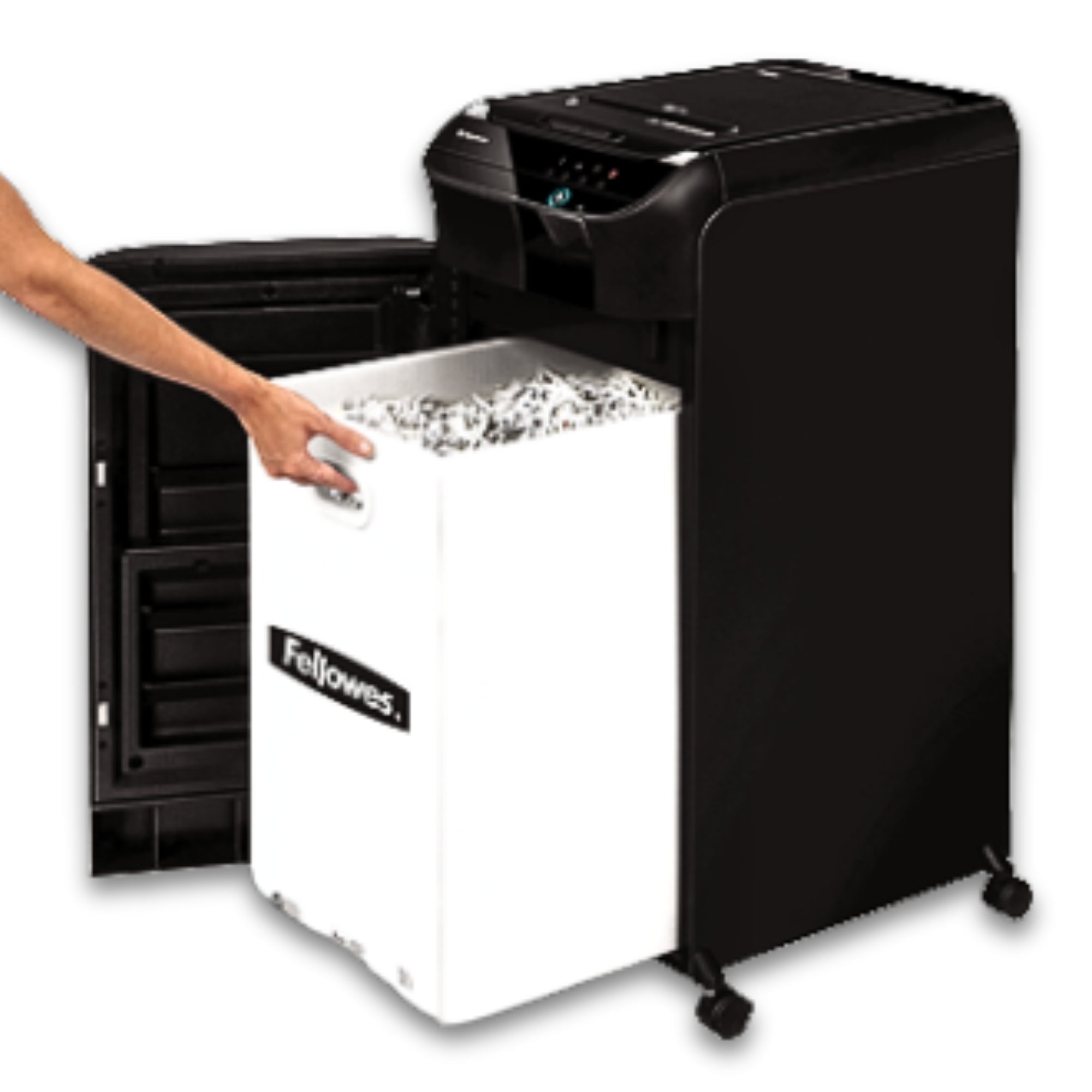 Destructeur de documents commercial Fellowes AutoMax™ 550C – Alimentation automatique, coupe croisée, capacité de 14 feuilles, ultra-silencieux, économe en énergie pour le bureau