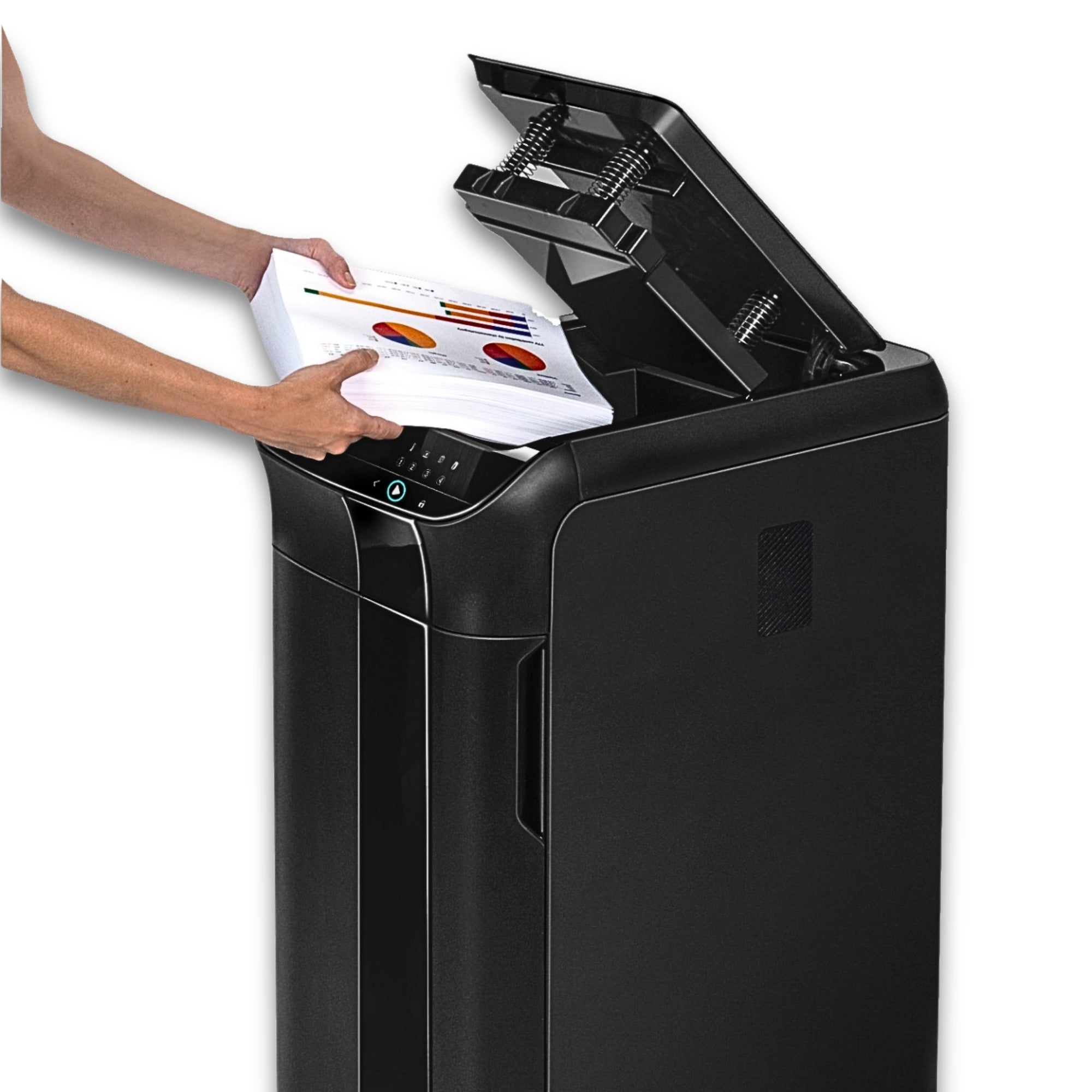 Destructeur de documents commercial Fellowes AutoMax™ 550C – Alimentation automatique, coupe croisée, capacité de 14 feuilles, ultra-silencieux, économe en énergie pour le bureau