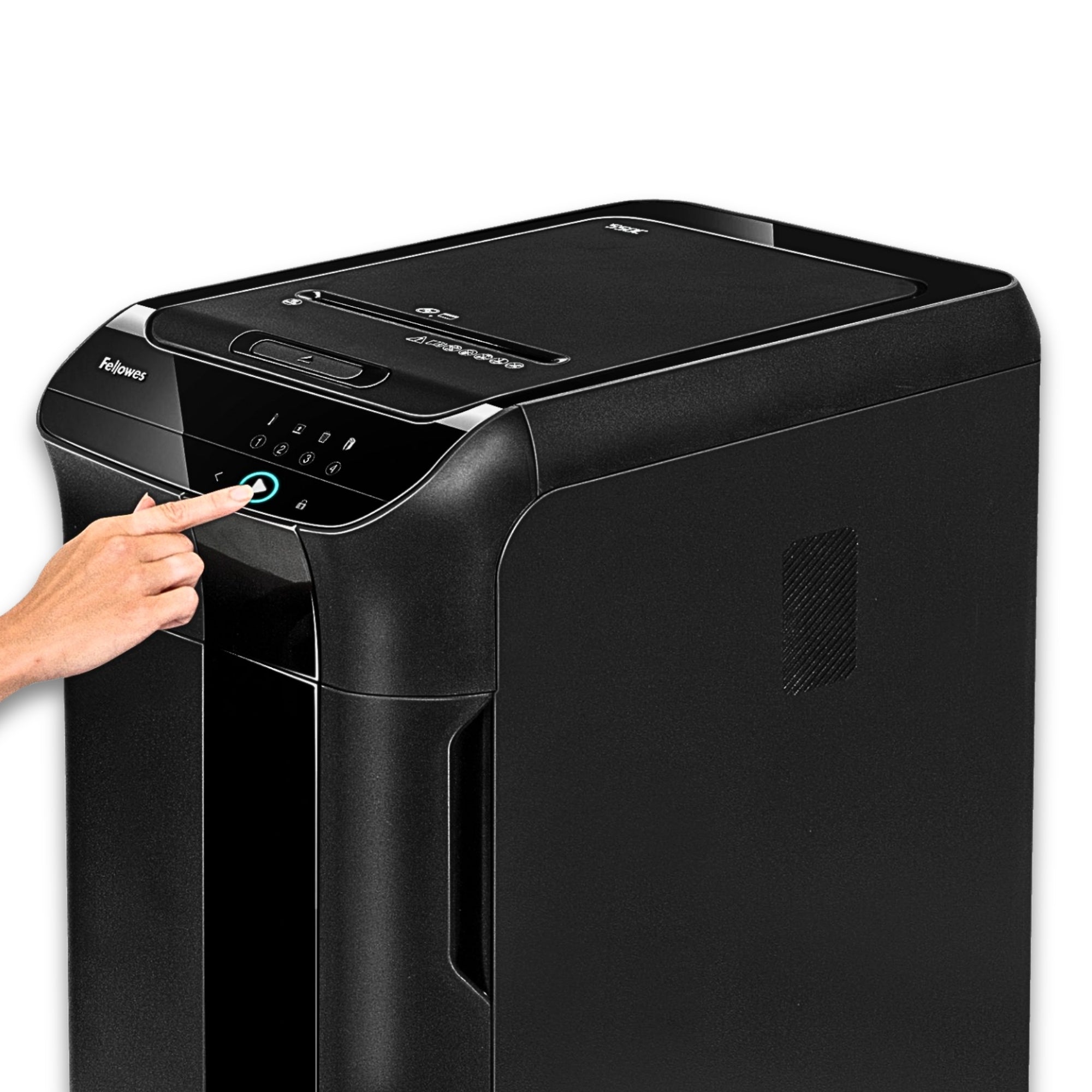 Destructeur de documents commercial Fellowes AutoMax™ 550C – Alimentation automatique, coupe croisée, capacité de 14 feuilles, ultra-silencieux, économe en énergie pour le bureau