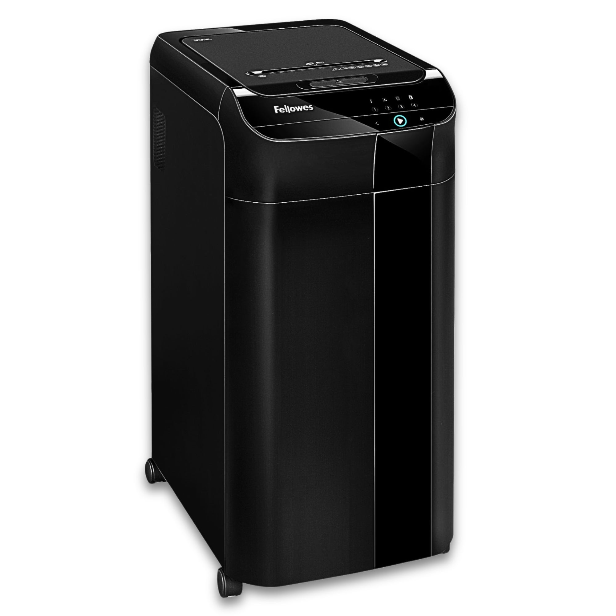 Destructeur de documents Fellowes AutoMax™ 350C Coupe croisée – Noir – Alimentation automatique de 350 feuilles, Alimentation manuelle de 12 feuilles, Niveau de sécurité P-4, Corbeille de 68 L, SilentShred™, SmartLock™