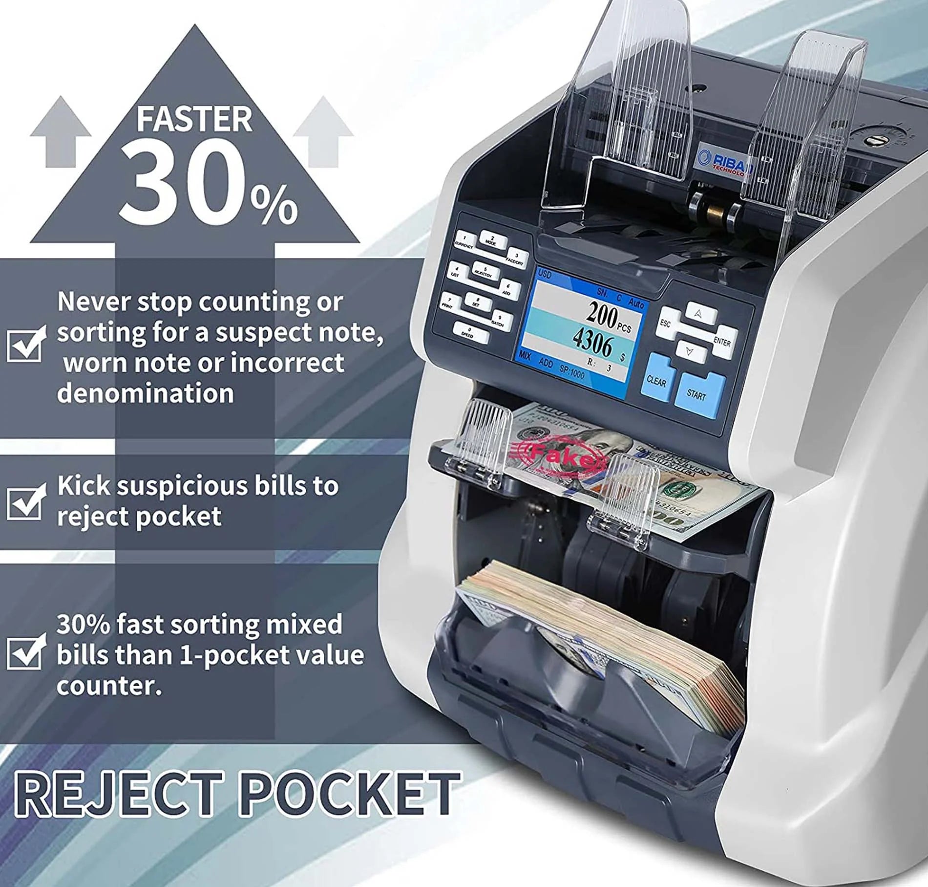 Ribao BCS-160 2-Pocket Mixed Denomination Banknote Sorter With Dual CIS Counterfeit Detection & Serial Number Recognition