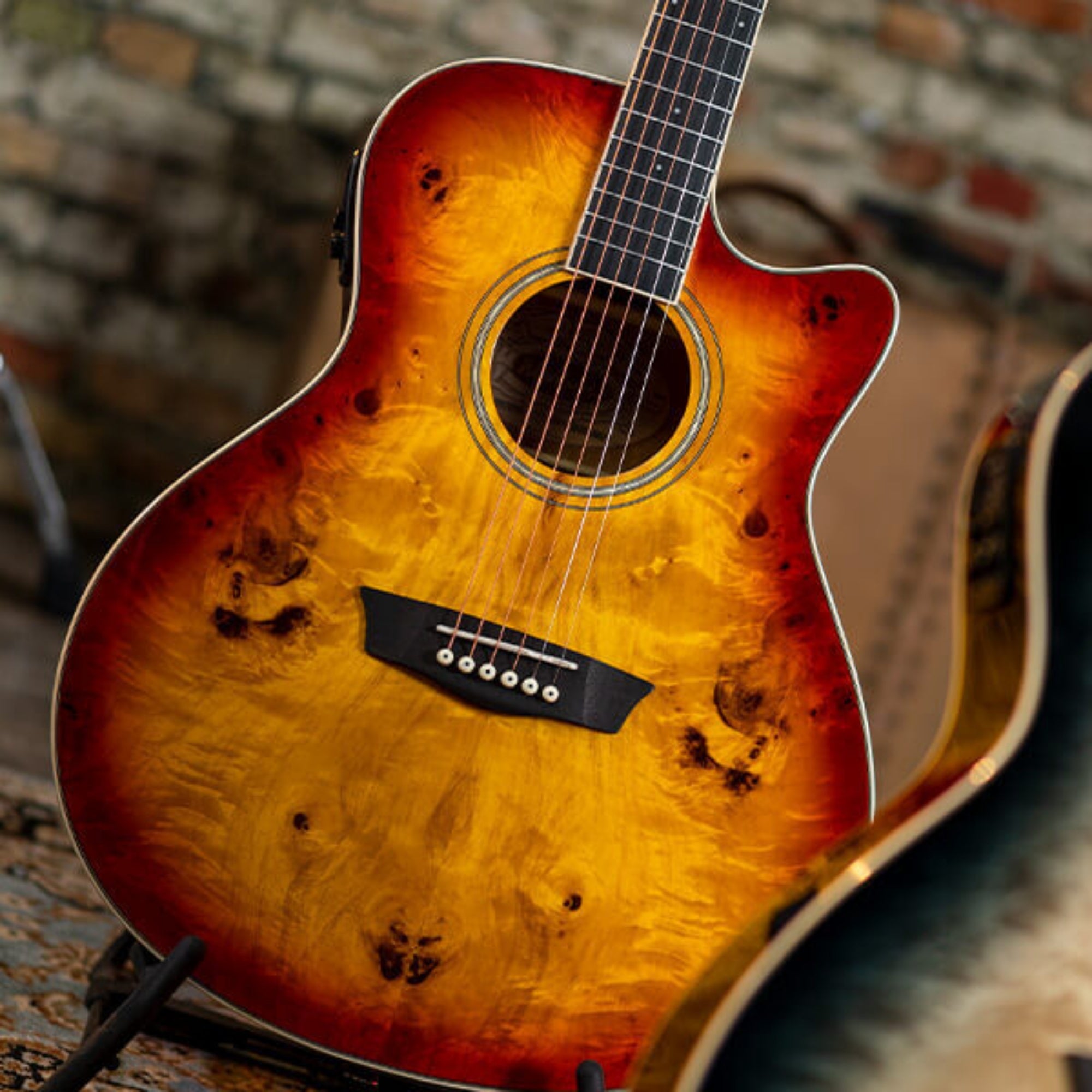 Washburn DFBACEA-U Deep Forest Burl ACE Grand Auditorium 6-String with Barcus Berry Active Electronics & Tuner Electro-Acoustic Guitar – Amber Fade