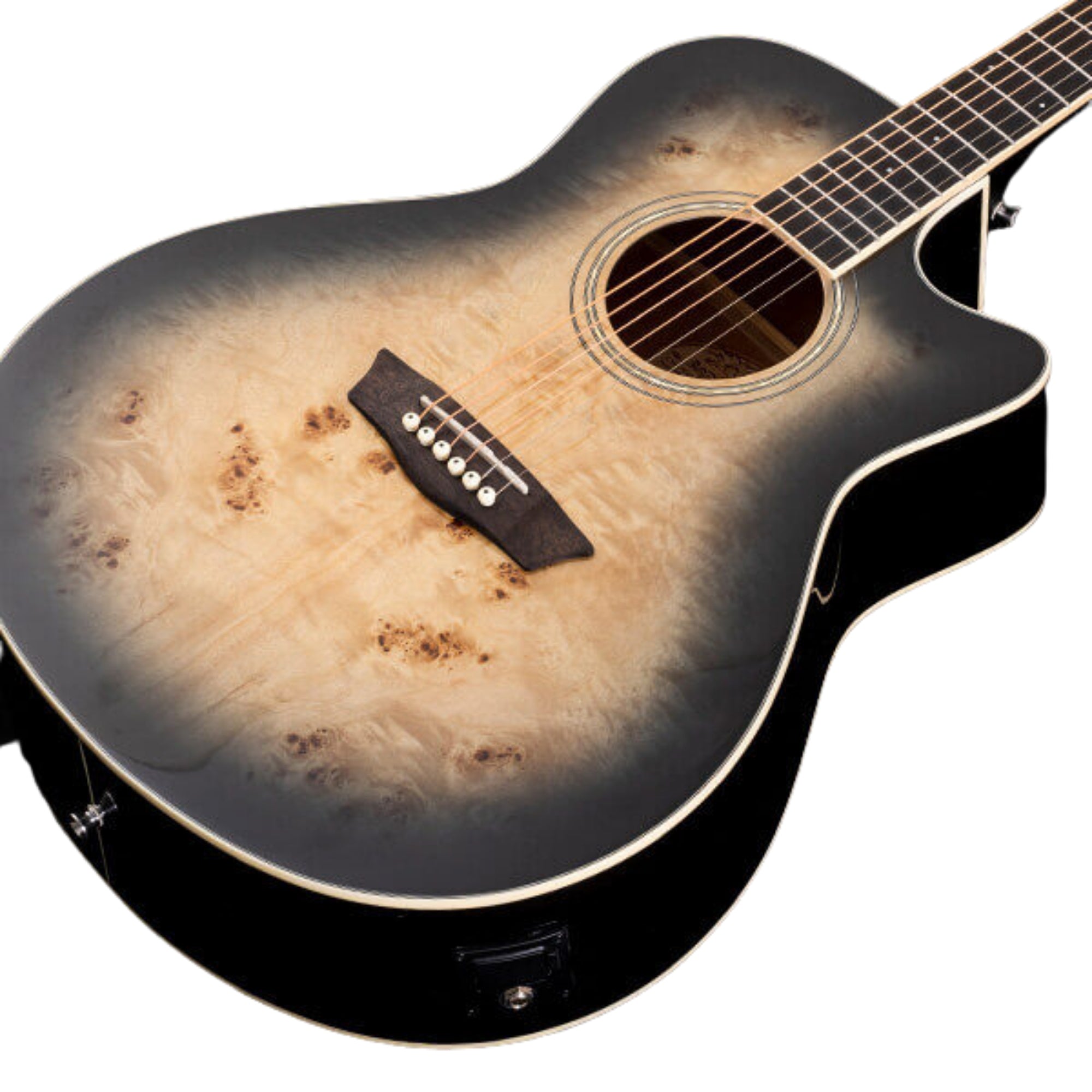 Washburn DFBACEB-U Deep Forest Burl ACE Grand Auditorium 6-String with Barcus Berry Active Electronics & Built-in Tuner Electro-Acoustic Guitar – Black Fade