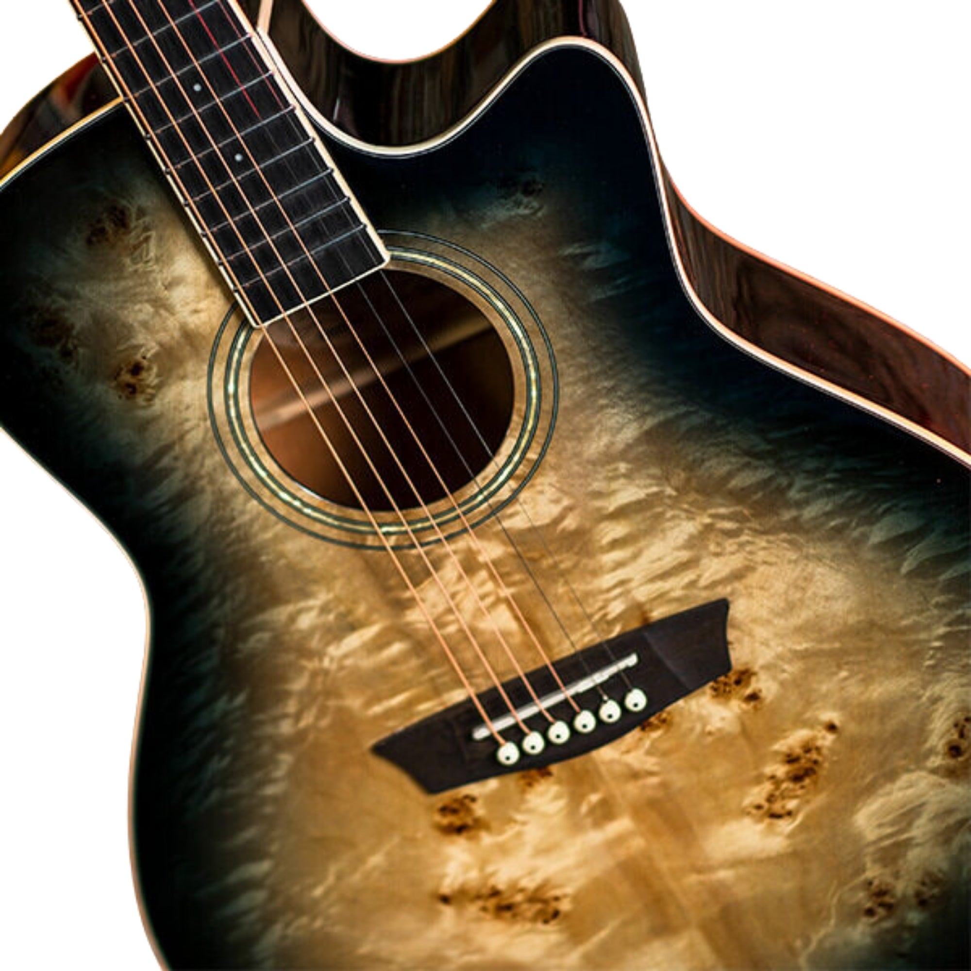 Washburn DFBACEB-U Deep Forest Burl ACE Grand Auditorium 6-String with Barcus Berry Active Electronics & Built-in Tuner Electro-Acoustic Guitar – Black Fade