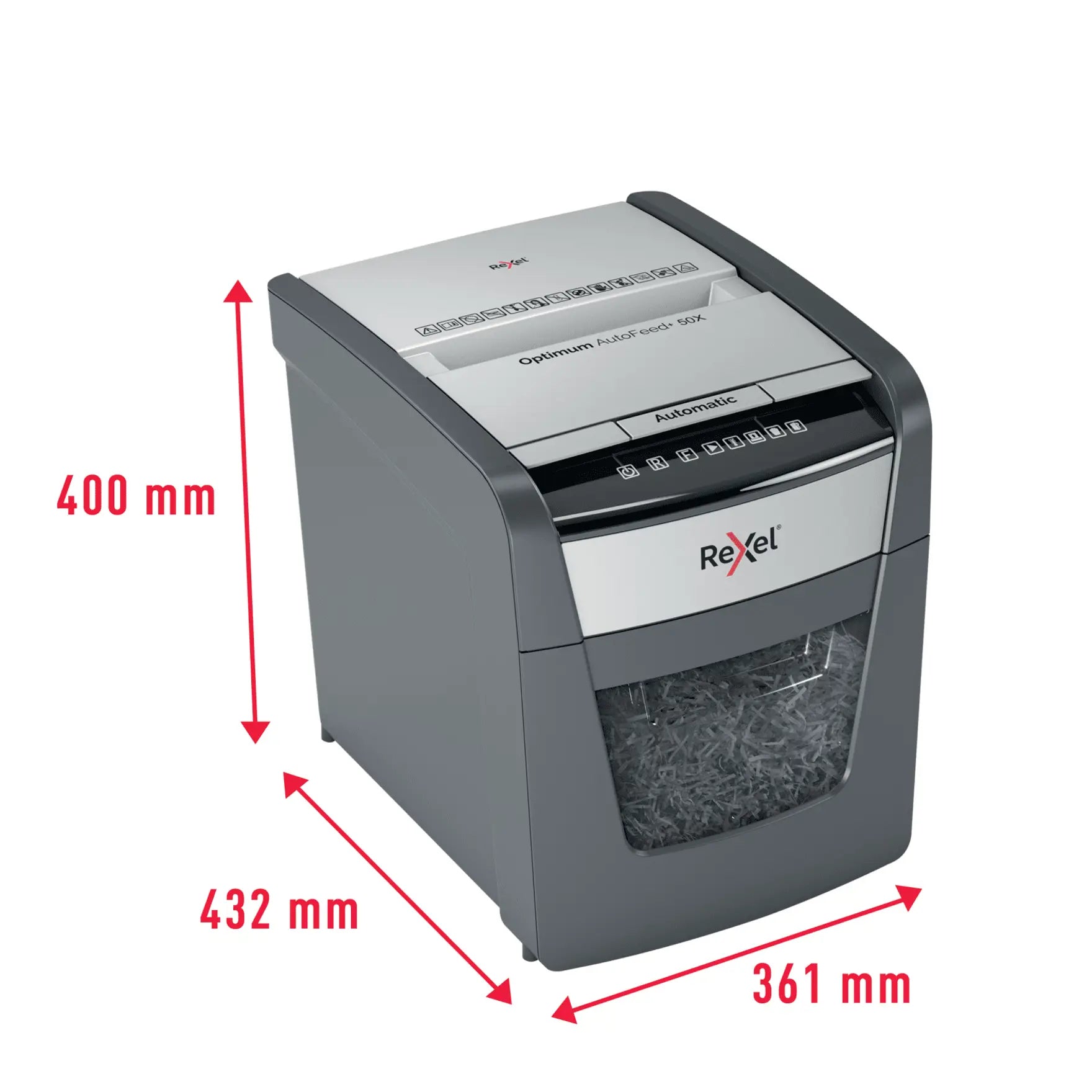 Rexel Optimum AutoFeed+ 50X Up to 50 Sheets P-4 20L Cross Cut Office Shredder
