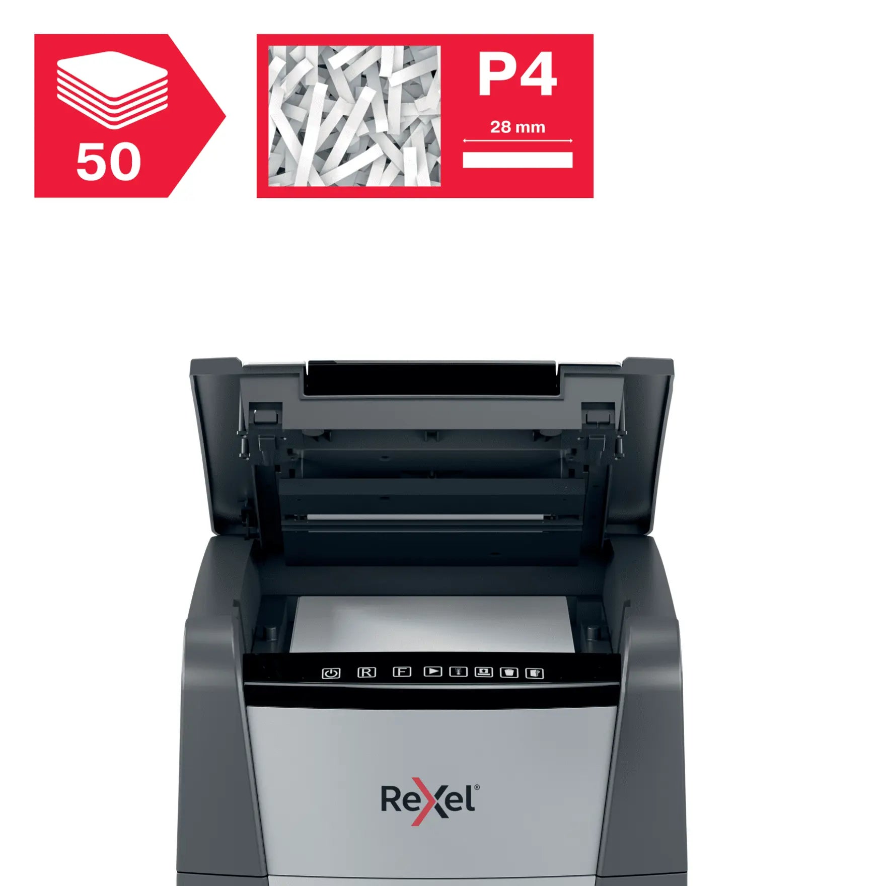 Rexel Optimum AutoFeed+ 50X Up to 50 Sheets P-4 20L Cross Cut Office Shredder