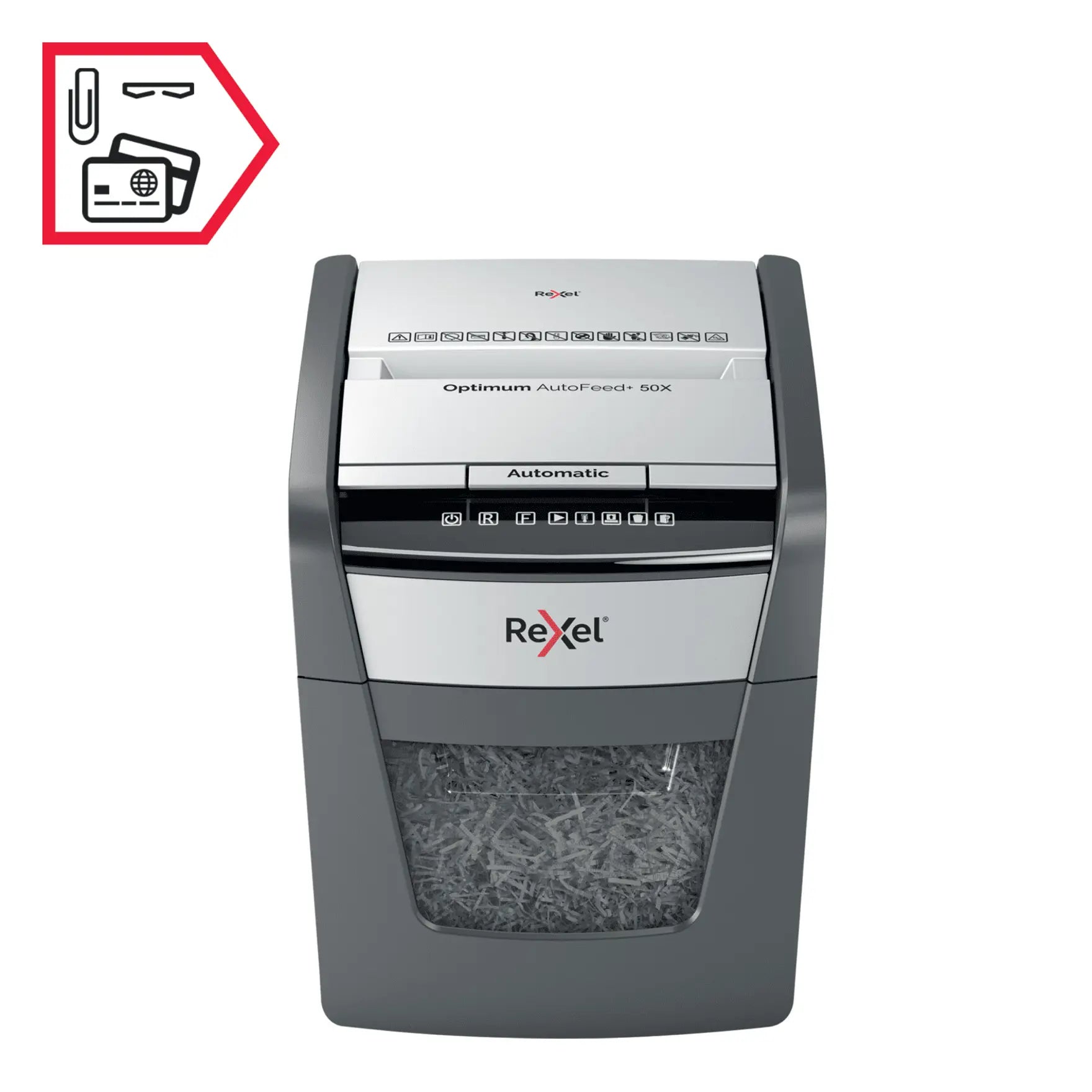 Rexel Optimum AutoFeed+ 50X Up to 50 Sheets P-4 20L Cross Cut Office Shredder