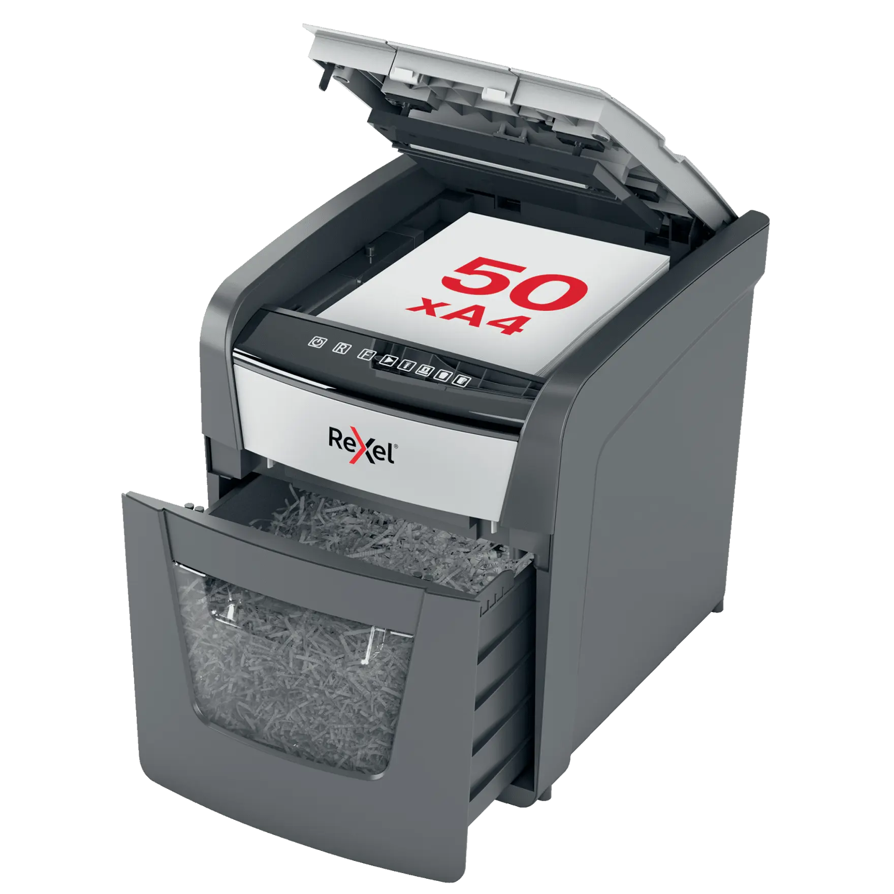 Rexel Optimum AutoFeed+ 50X Up to 50 Sheets P-4 20L Cross Cut Office Shredder