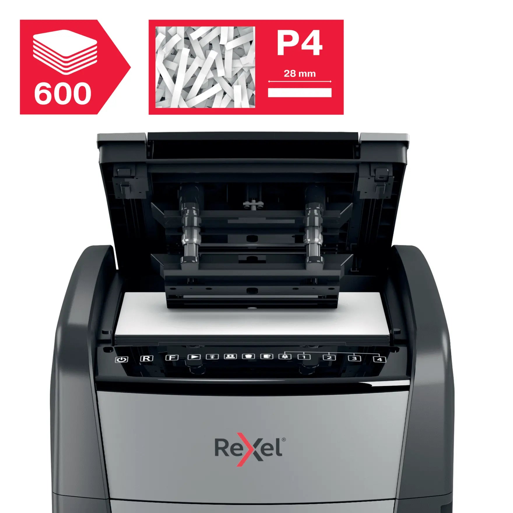 Rexel Optimum AutoFeed+ 600X Up to 600 Sheets P-4 110L Cross Cut Office Shredder