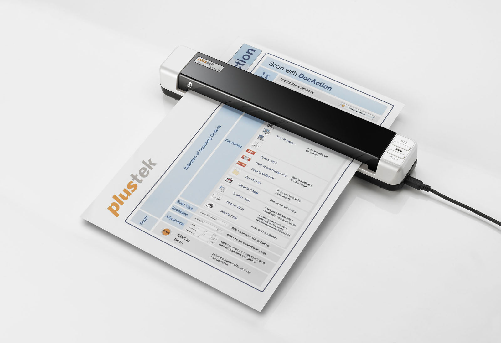 Plustek MobileOffice S410 Portable Document Scanner – USB-Powered, 600 dpi, A4 Scanning, Cloud Integration, Compact Design for Home and Office Use