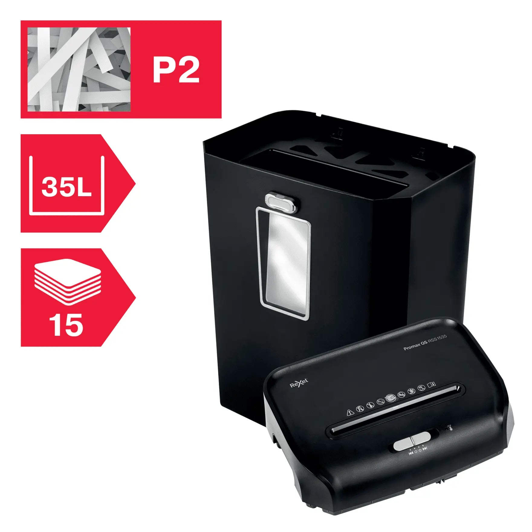 Rexel Promax QS RSS1535 Up to 15 Sheets P-2 35L Strip Cut Small & Medium Office Shredder