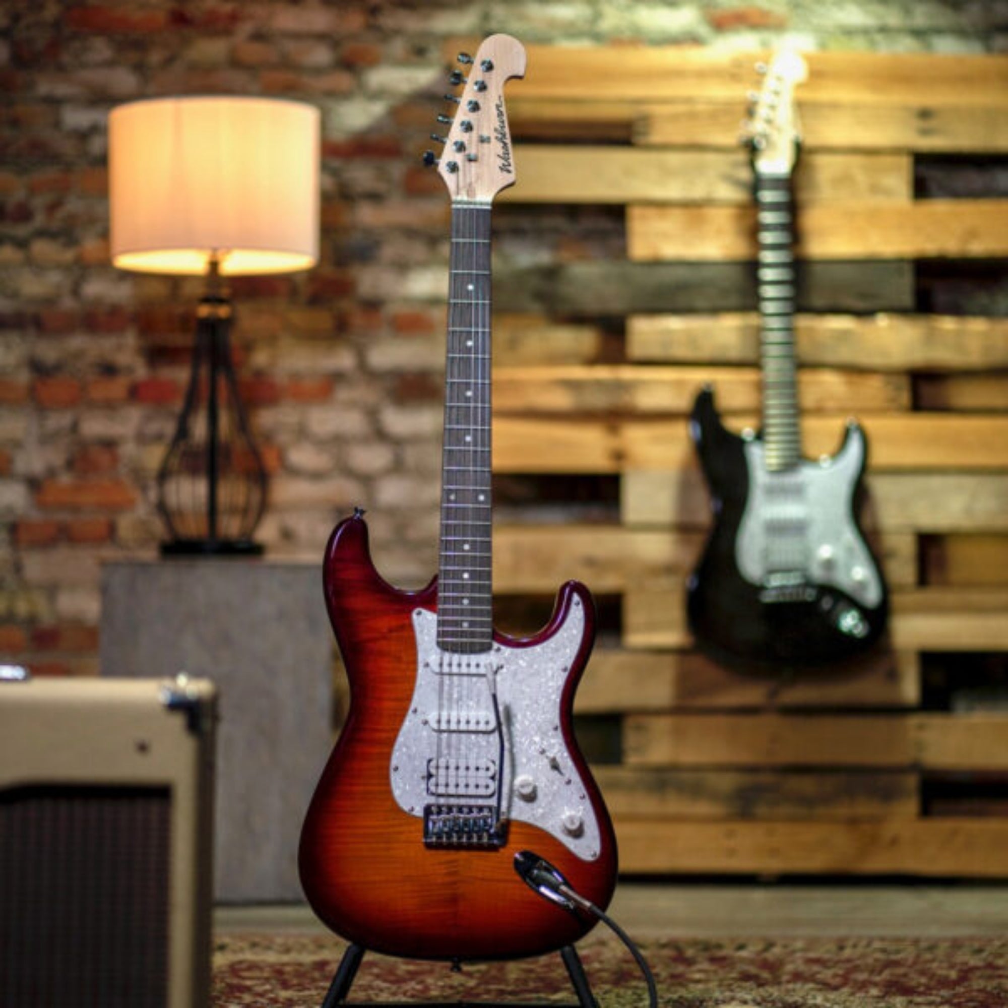 Washburn SDFSB-U Sonamaster Deluxe 6-String HSS Pickups, Flame Maple Top, Okoume Body Electric Guitar – Tobacco Sunburst Gloss Finish