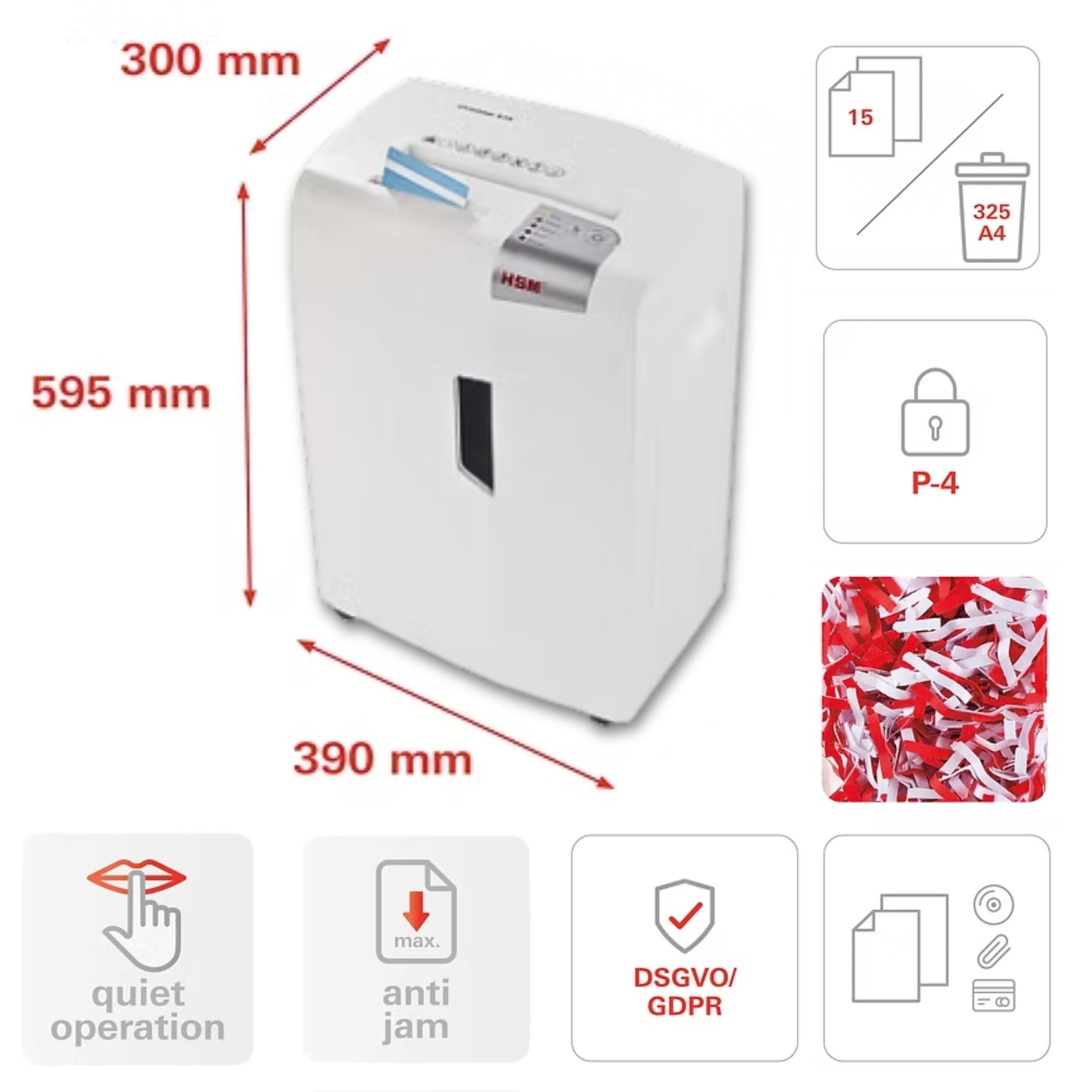 HSM SHREDSTAR X15 - (4 x 37) 15 Sheets P-4 Cross Cut Shredder