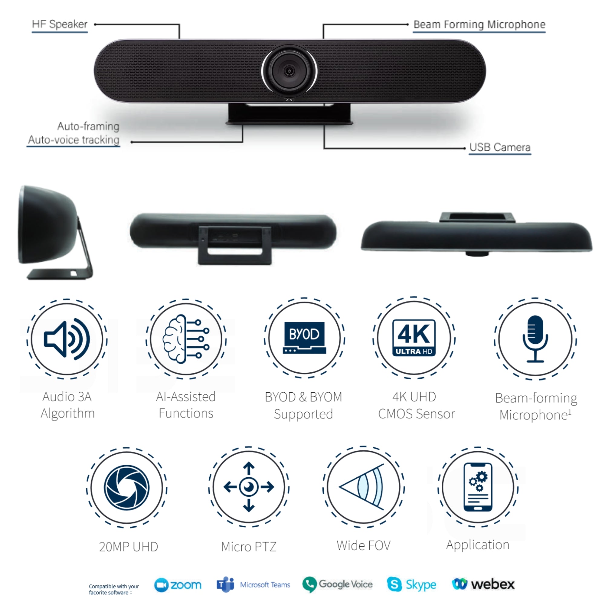 TREND TR-OBS1000B-PRO 20 Megapixels 4K Ultra HD Smart AI Video Conferencing Bar