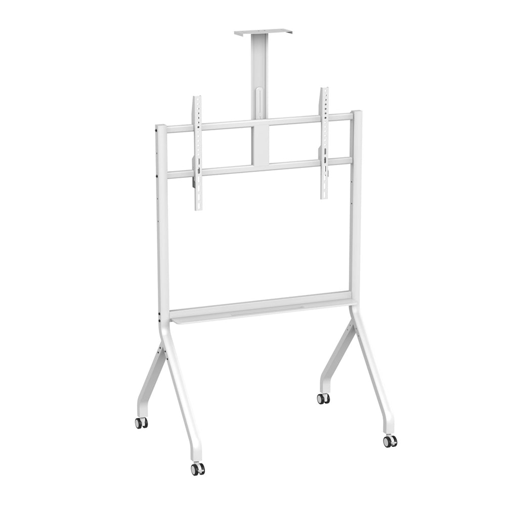 TREND Mobile TV Cart Stand - Steel Frame, Adjustable Height For Offices & Classrooms in White - Wheels, Anti-Bacterial Coating