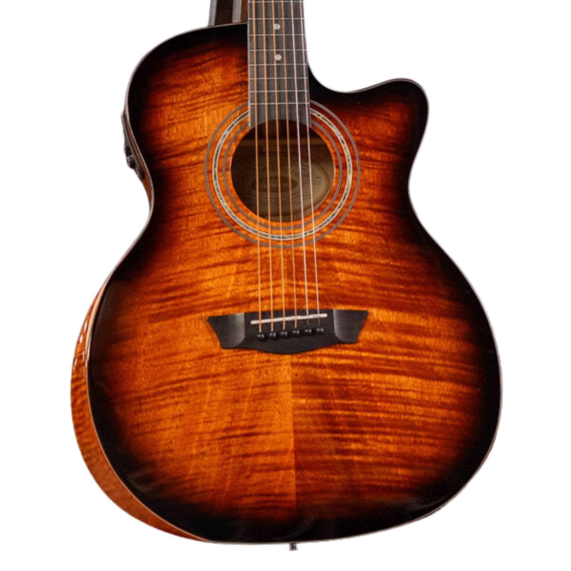 Washburn WCG12FCE-U Comfort Series Grand Auditorium 6-String With Flamed Okoume Top & Barcus-Berry LX4 Preamp Electro-Acoustic Guitar – Cognac Sunburst