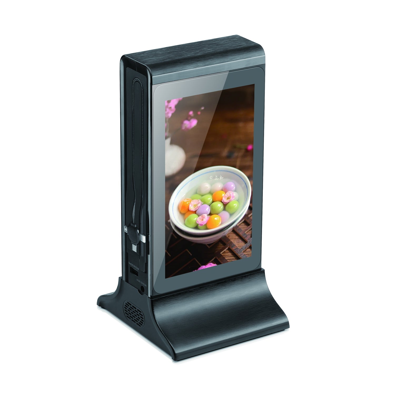 TREND Table Advertising Player - Premium 8-Inch IPS LCD Screen , Multi-Device Charging Hub , Sleek Black , 24-Hour Battery Life & Smart Remote Content Control