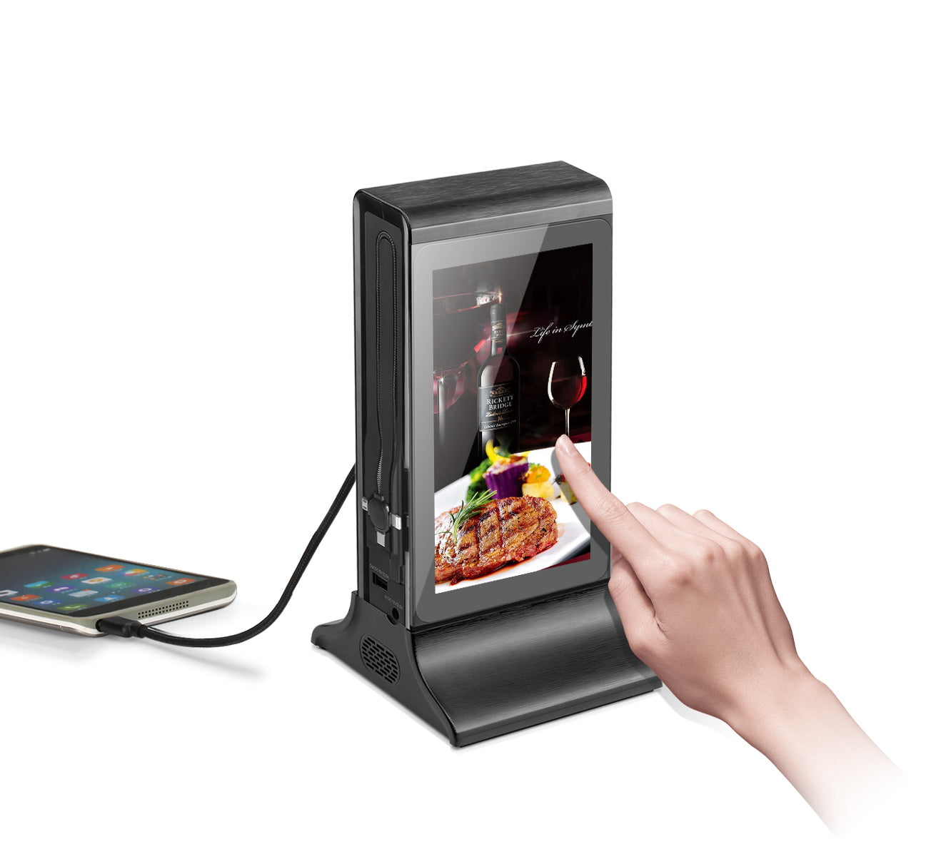 TREND Table Advertising Player - Premium 8-Inch IPS LCD Screen , Multi-Device Charging Hub , Sleek Black , 24-Hour Battery Life & Smart Remote Content Control