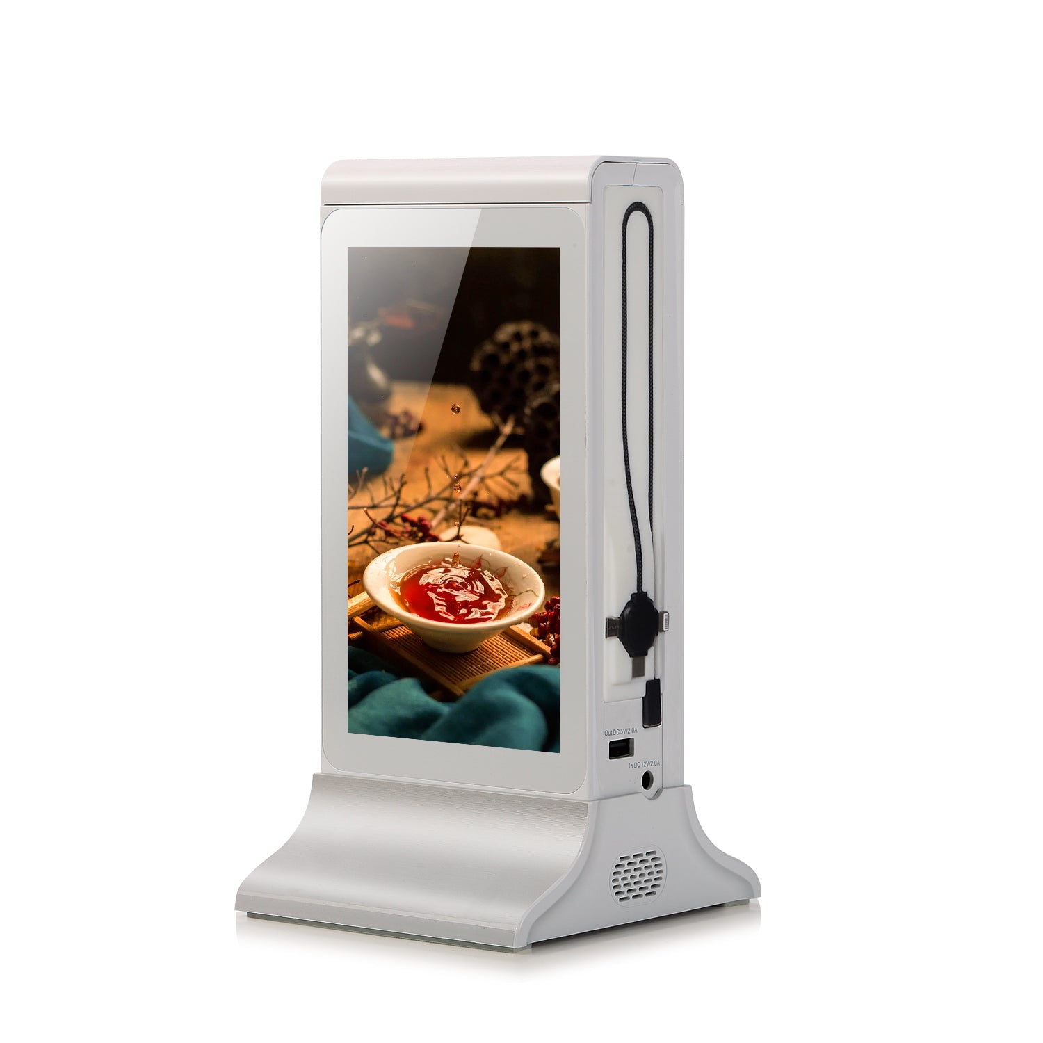 TREND Table Advertising Player - Premium 8-Inch IPS LCD Screen , Multi-Device Charging Hub , Sleek Black , 24-Hour Battery Life & Smart Remote Content Control