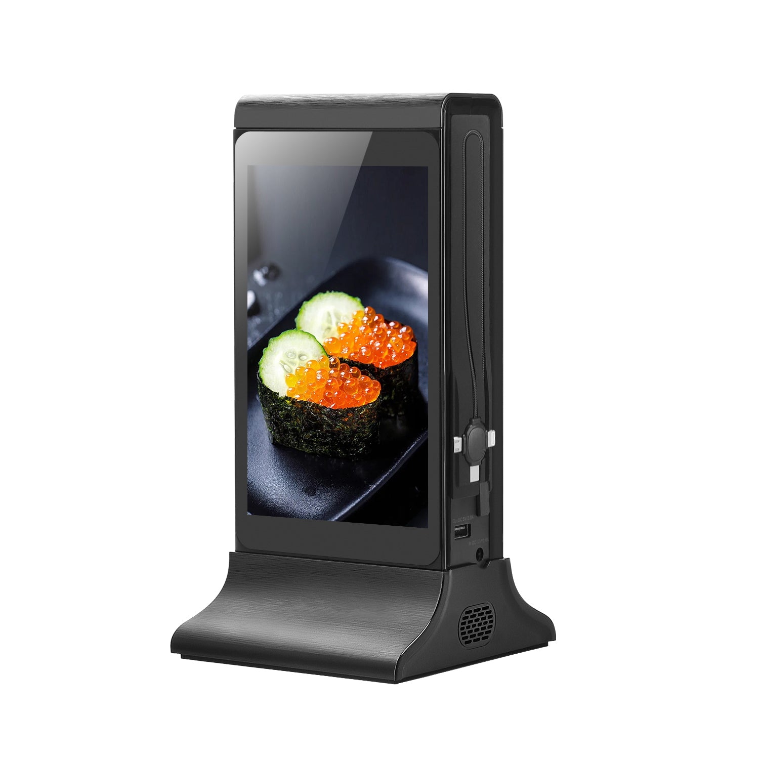 TREND Table Advertising Player - Premium 8-Inch IPS LCD Screen , Multi-Device Charging Hub , Sleek Black , 24-Hour Battery Life & Smart Remote Content Control