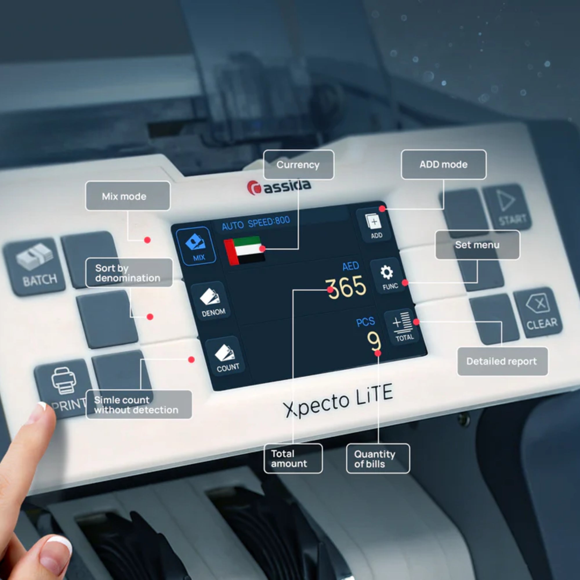 Cassida Xpecto Lite AED Mix Value With CIS, UV, MG, IR, MT Counterfeit Detection Money Counting Machine